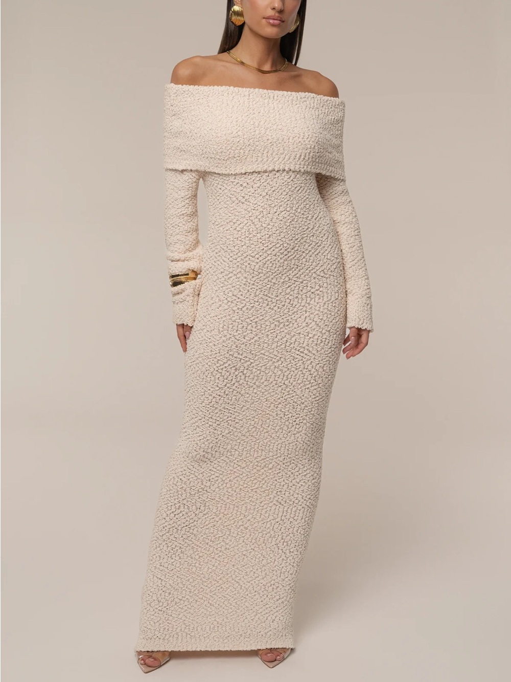 JLUXLABEL Off-Shoulder Cream Maxi Knit Dress - Picture 4 of 14